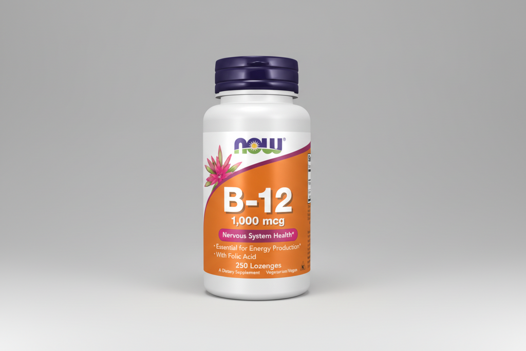 B-12 supplement bottle with Now brand on a white background