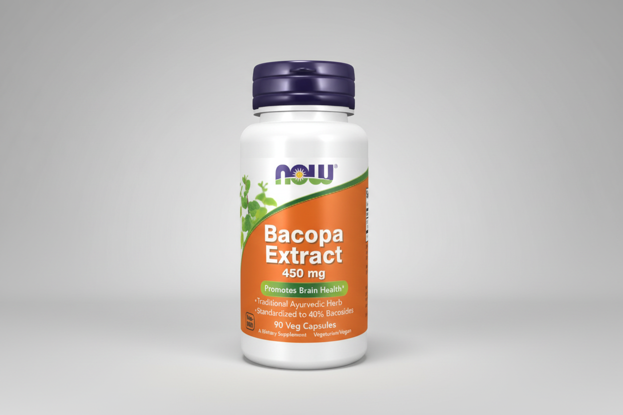 Bacopa Extract supplement bottle with NOW brand on a white background