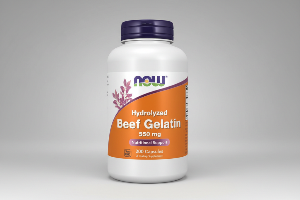 Supplement bottle labeled 'Hydrolyzed Beef Gelatin' by NOW on a white background