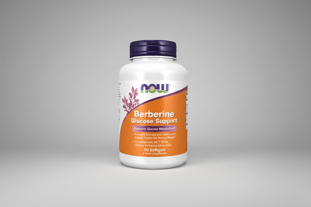 Supplement bottle labeled 'Berberine Glucose Support' by NOW on a white background