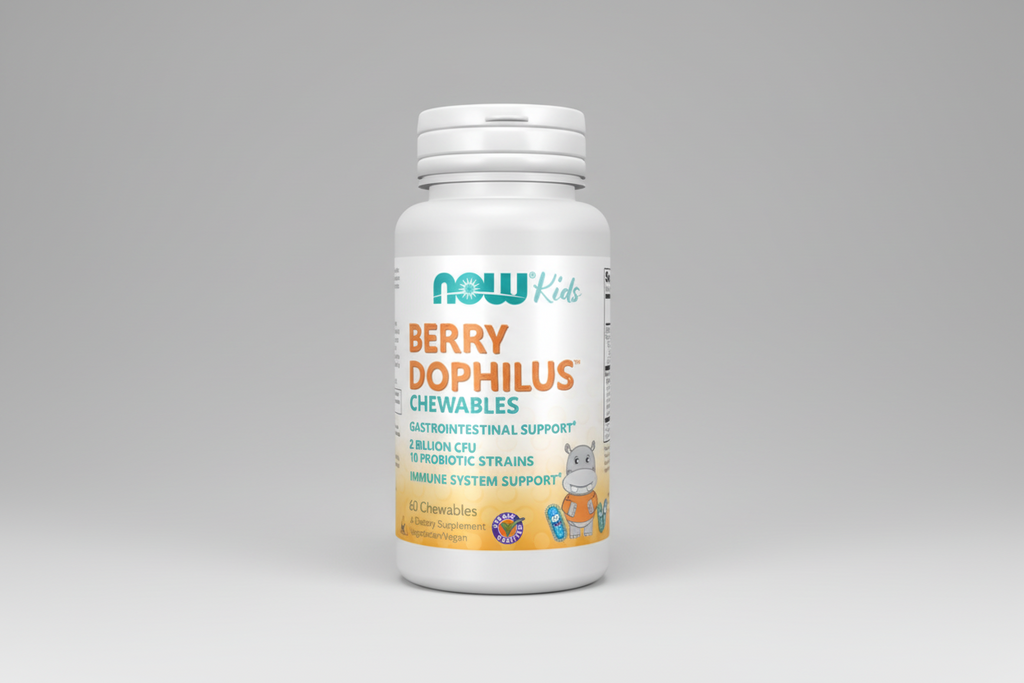 Supplement bottle labeled 'Berry Dophilus Chewables' by NOW Kids on a white background