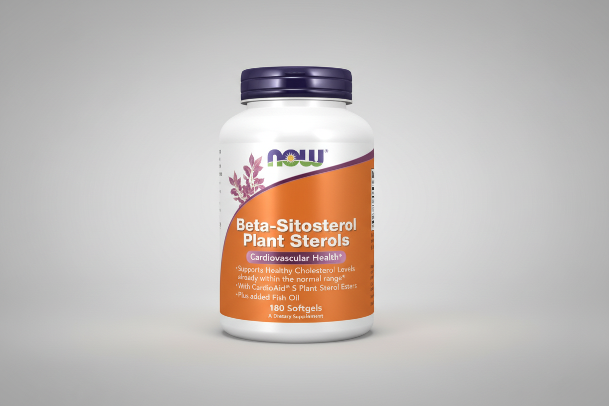 Supplement bottle labeled 'Beta-Sitosterol Plant Sterols' with NOW brand on a white background