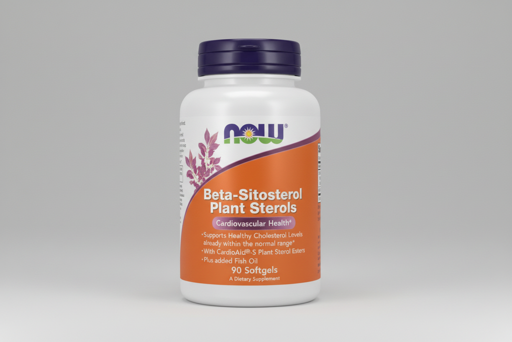 Supplement bottle labeled 'Beta-Sitosterol Plant Sterols' with NOW brand on a white background