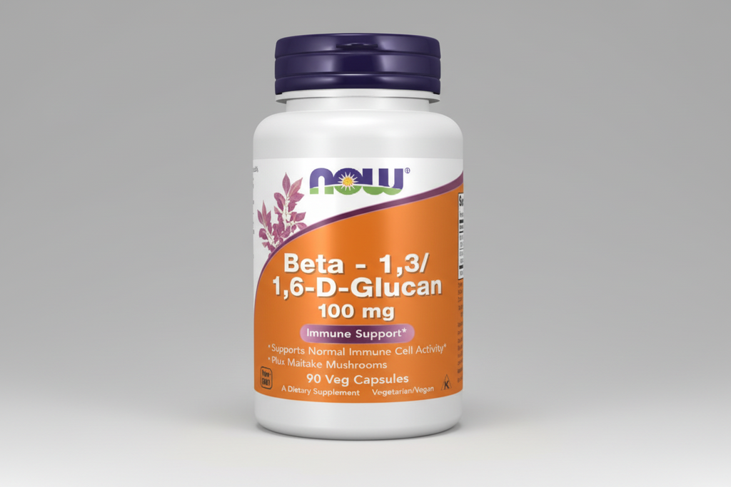 Supplement bottle labeled 'Beta - 1,3/1,6-D-Glucan' with NOW brand on a white background