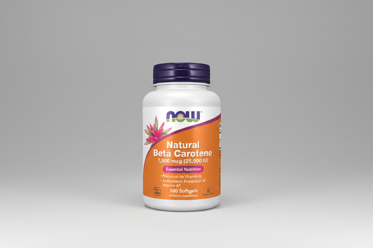 Supplement bottle labeled 'Natural Beta Carotene' by NOW on a white background