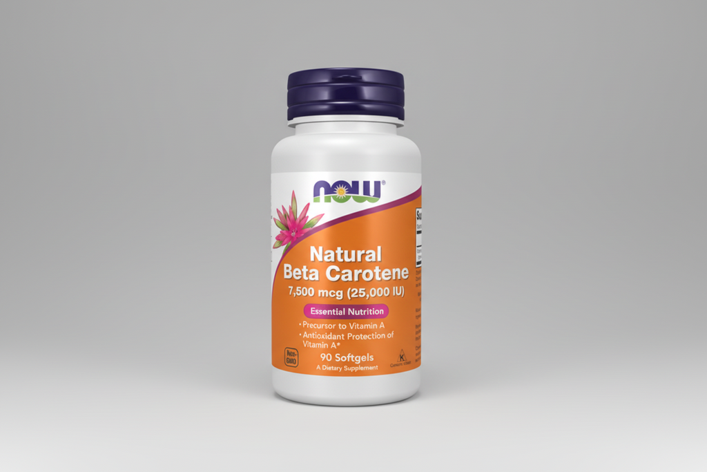 Supplement bottle labeled 'Natural Beta Carotene' by NOW on a white background