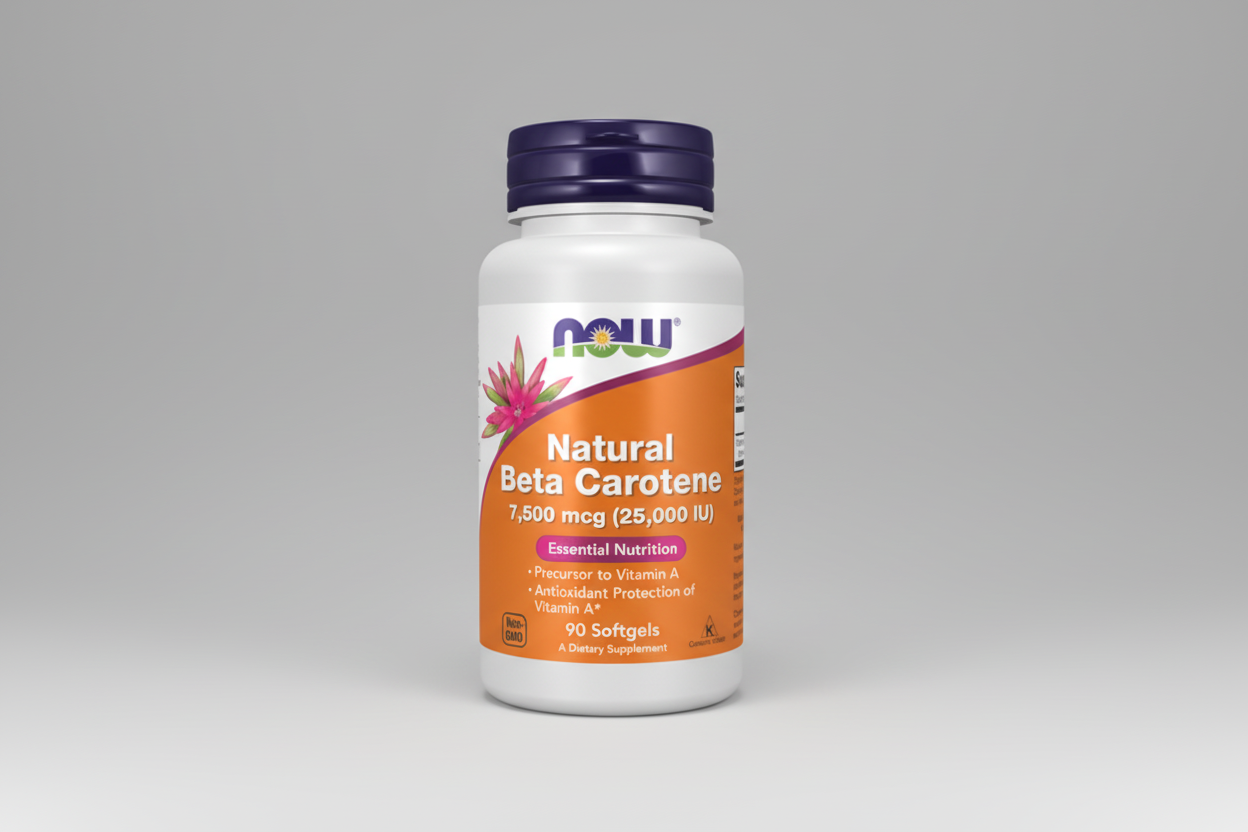 Supplement bottle labeled 'Natural Beta Carotene' by NOW on a white background