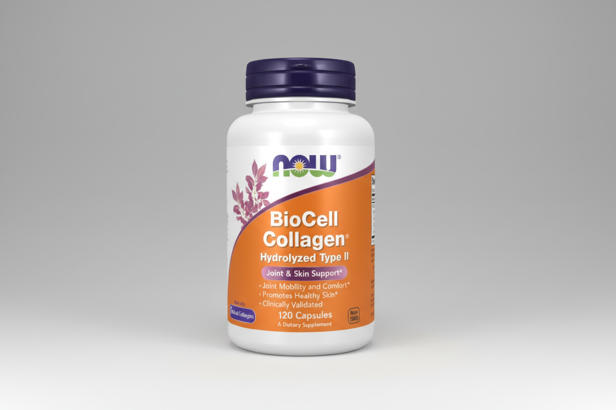 Supplement bottle labeled 'BioCell Collagen' with NOW brand on a white background