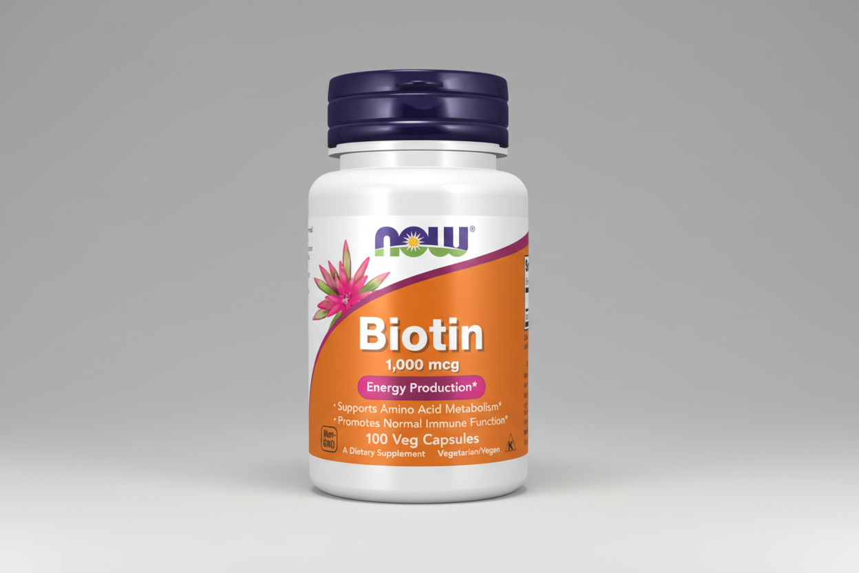 Supplement bottle labeled 'Biotin' with NOW brand on a white background