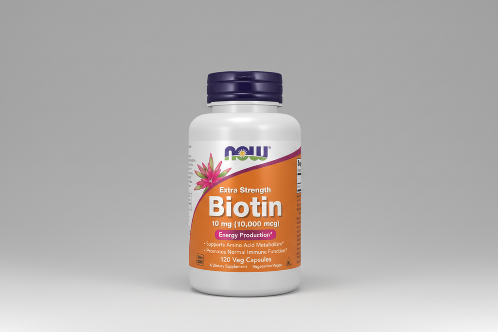 Supplement bottle of Extra Strength Biotin by NOW on a white background