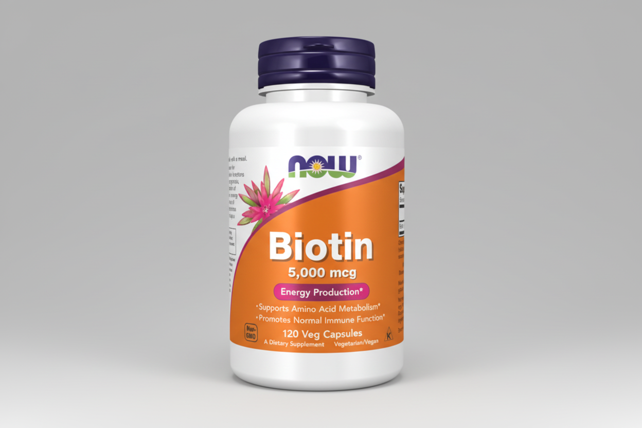 Bottle of NOW Biotin supplement on a white background
