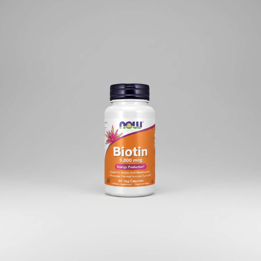 Bottle of NOW Biotin supplement on a white background