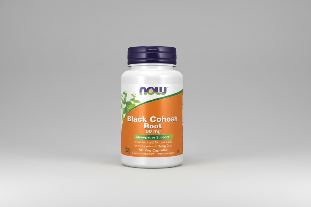 Supplement bottle of Black Cohosh Root 80 mg with NOW brand on a white background