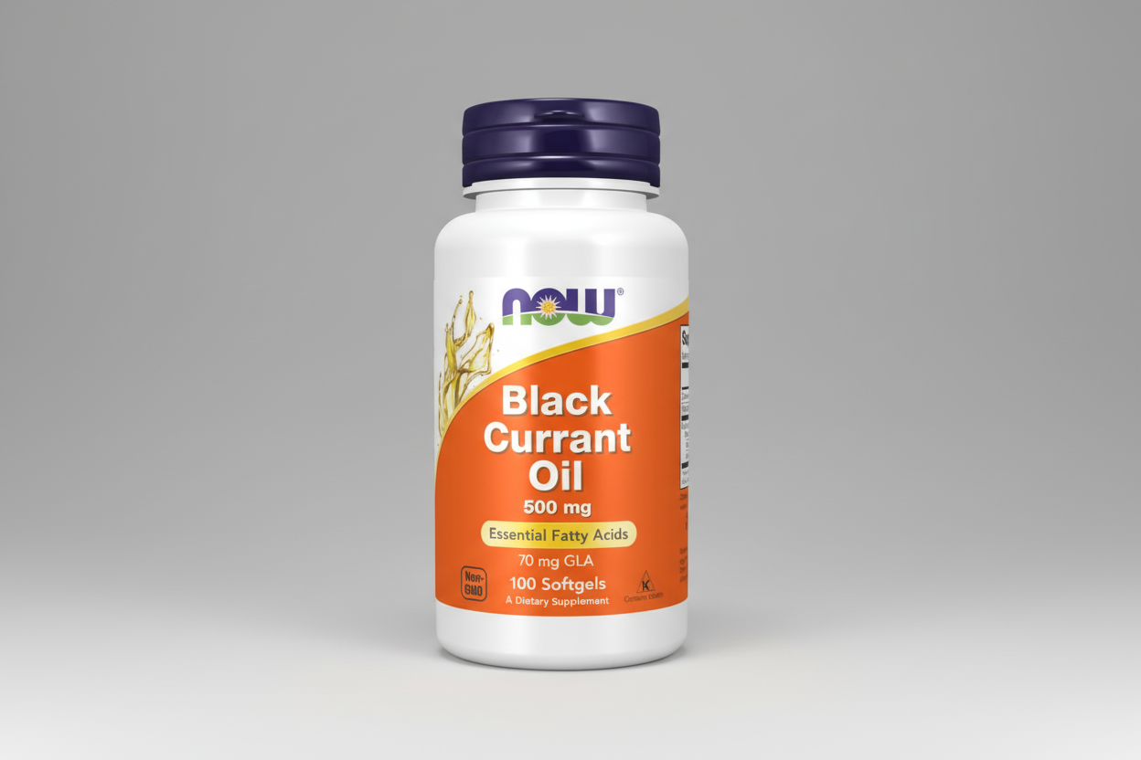 Supplement bottle labeled 'Black Currant Oil' with Now brand on a white background