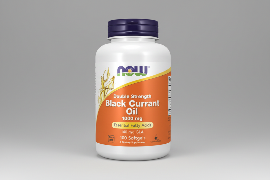 Supplement bottle of Double Strength Black Currant Oil with NOW brand on a white background