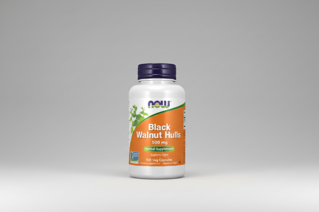 Supplement bottle labeled 'Black Walnut Hulls' with NOW brand on a white background