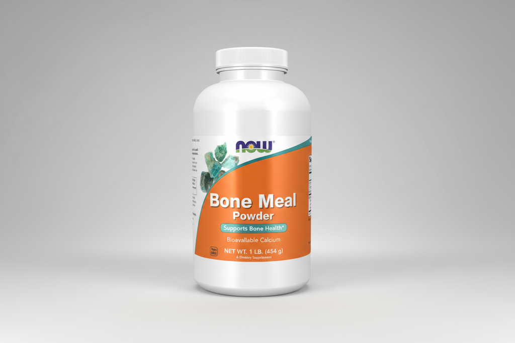 Bottle of NOW Bone Meal Powder on a white background