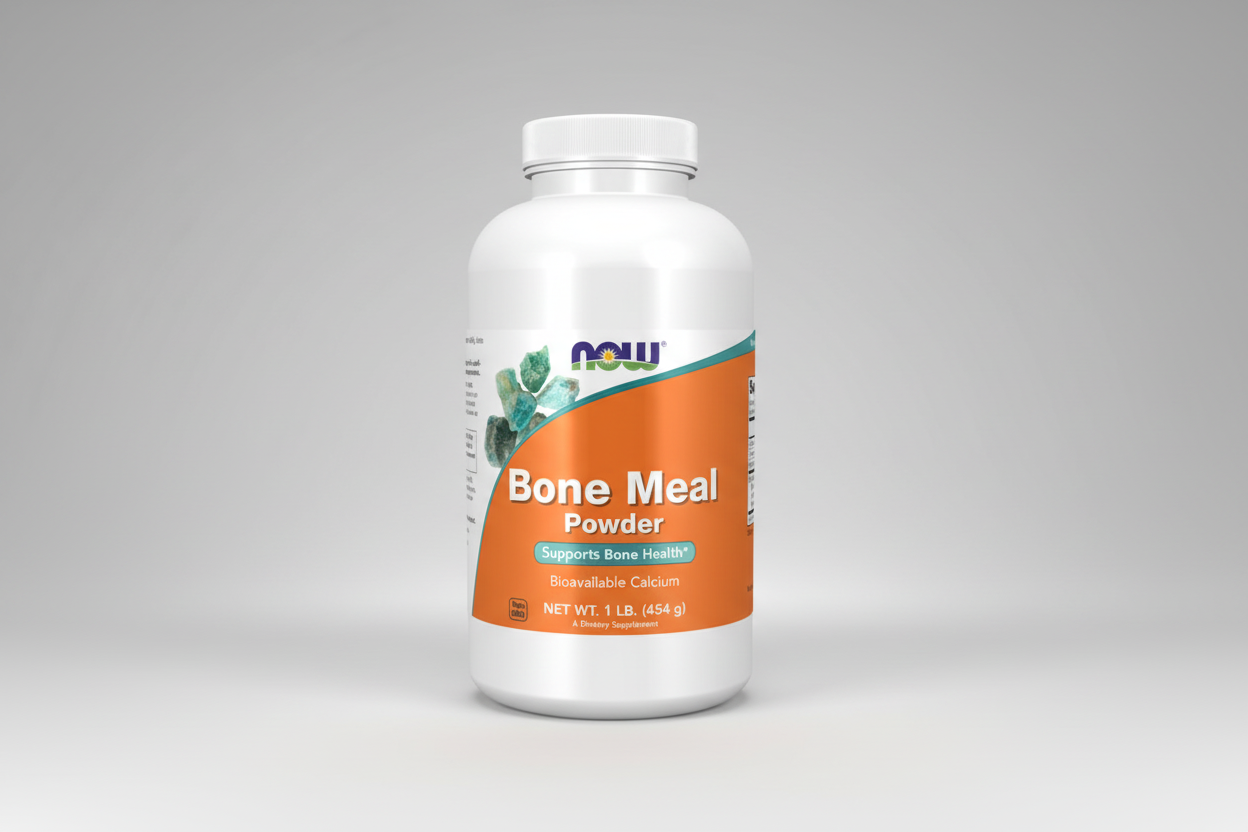 Bottle of NOW Bone Meal Powder on a white background