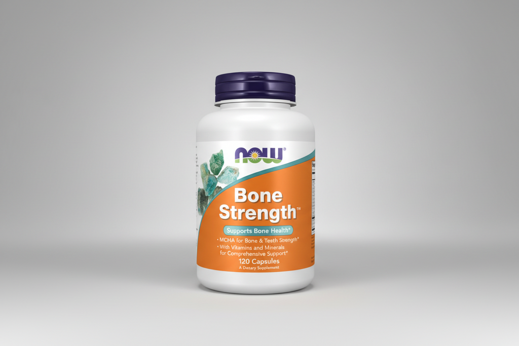 Supplement bottle labeled 'Bone Strength' by NOW on a white background