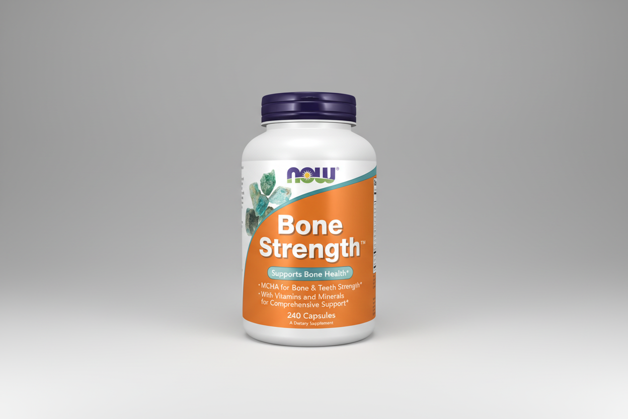 Supplement bottle labeled 'Bone Strength' by NOW on a white background