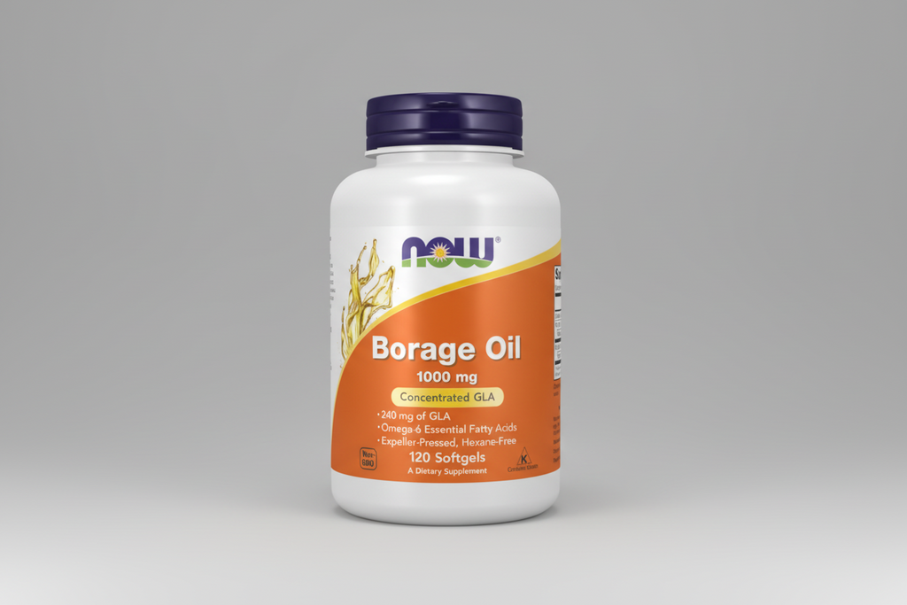 Supplement bottle labeled 'Borage Oil' with NOW brand on a white background