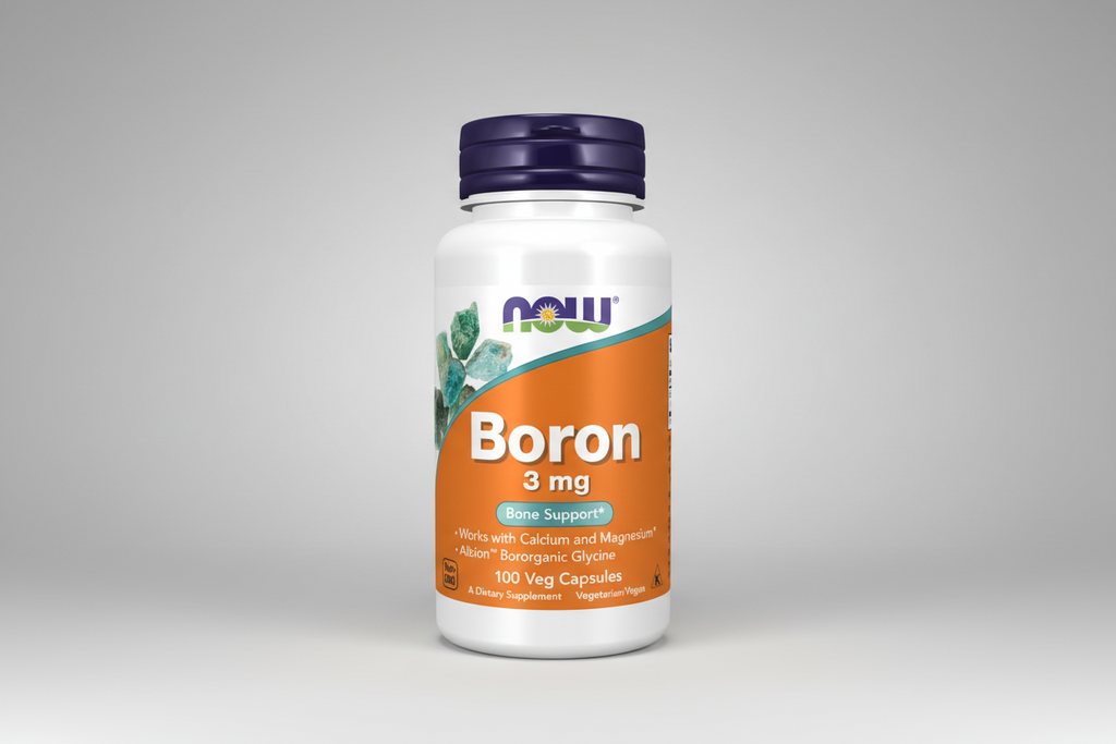 Supplement bottle labeled 'Boron 3 mg' with NOW brand on a white background