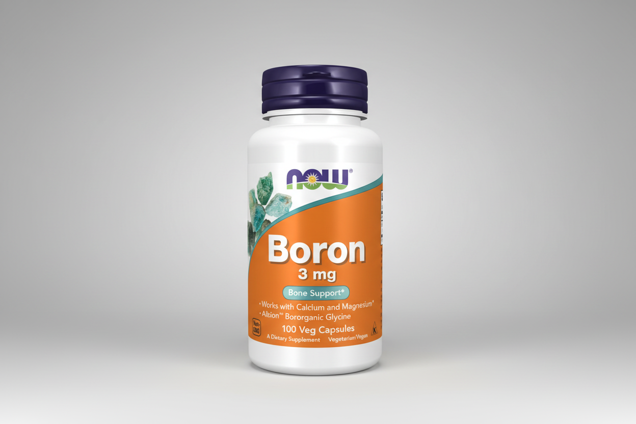 Supplement bottle labeled 'Boron 3 mg' with NOW brand on a white background