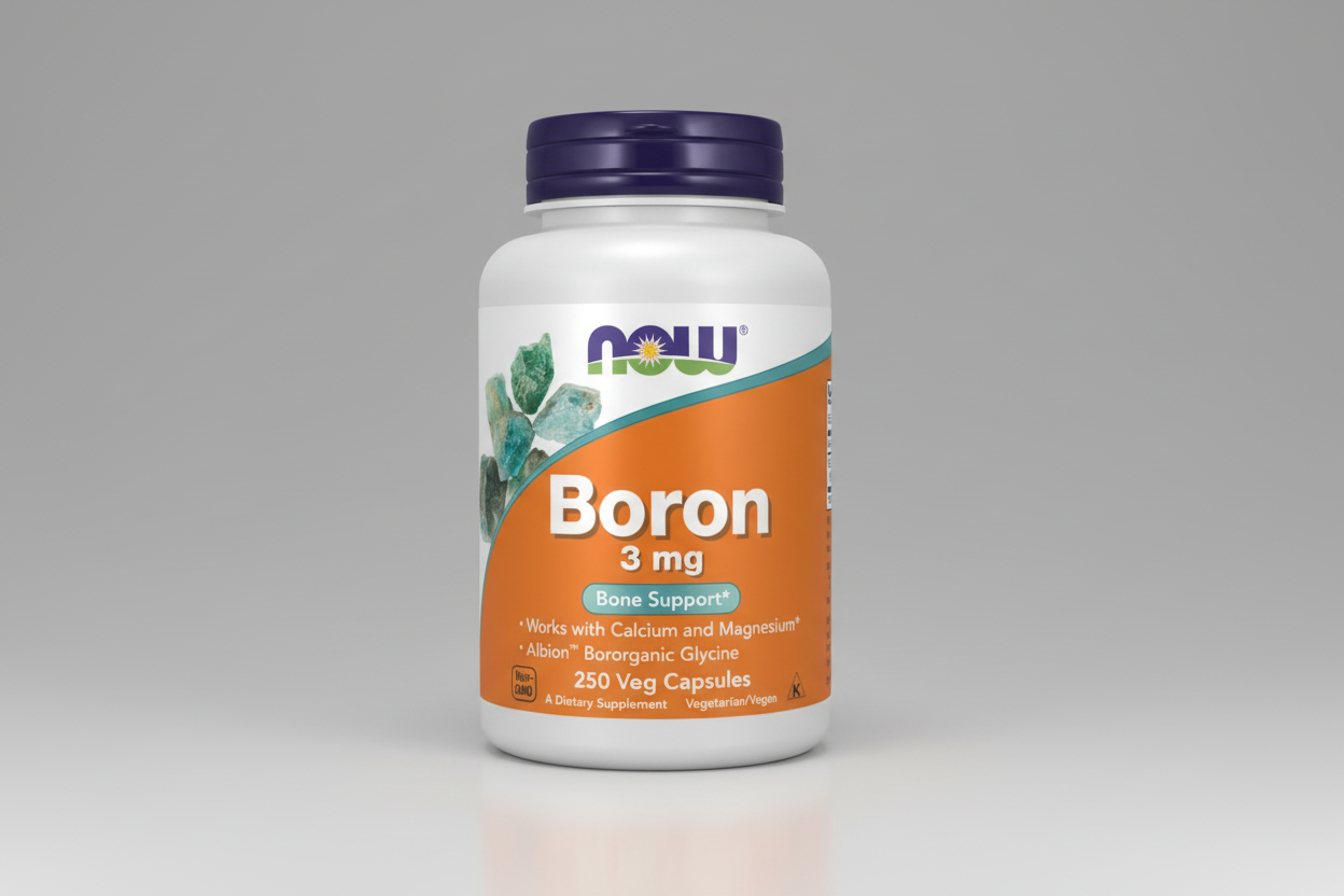Supplement bottle labeled 'Boron 3 mg' by NOW on a white background