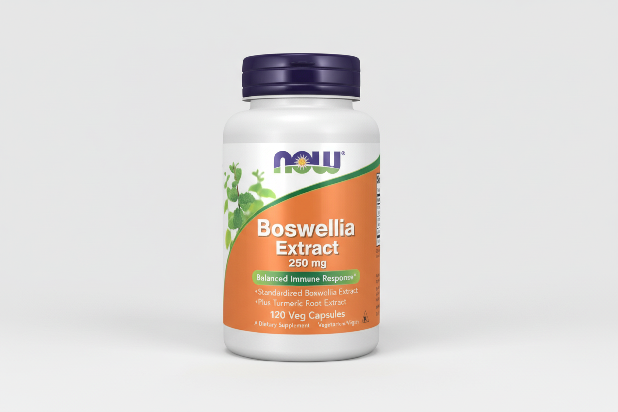 Boswellia Extract supplement bottle with NOW label on a white background