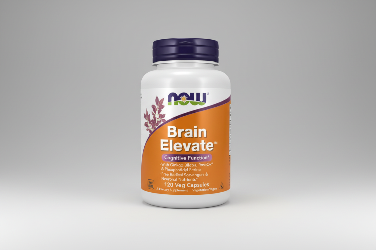 Supplement bottle labeled 'Brain Elevate' by NOW on a white background
