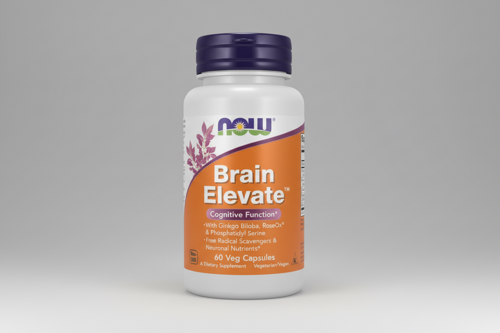 Supplement bottle labeled 'Brain Elevate' by NOW on a white background