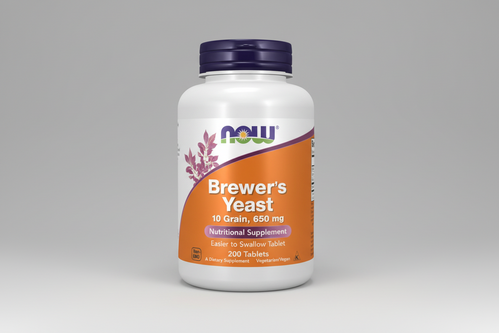 Supplement bottle labeled 'Brewer's Yeast' with NOW brand on a white background