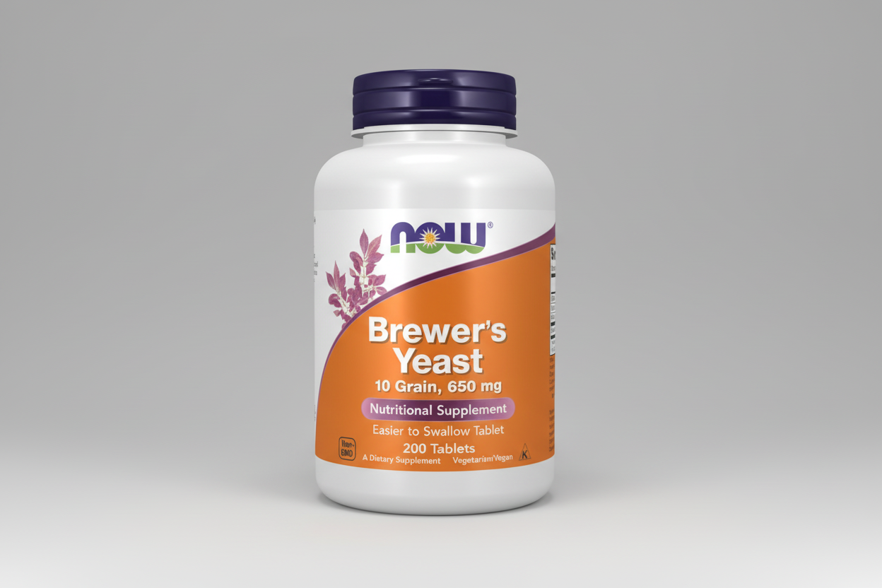 Supplement bottle labeled 'Brewer's Yeast' with NOW brand on a white background