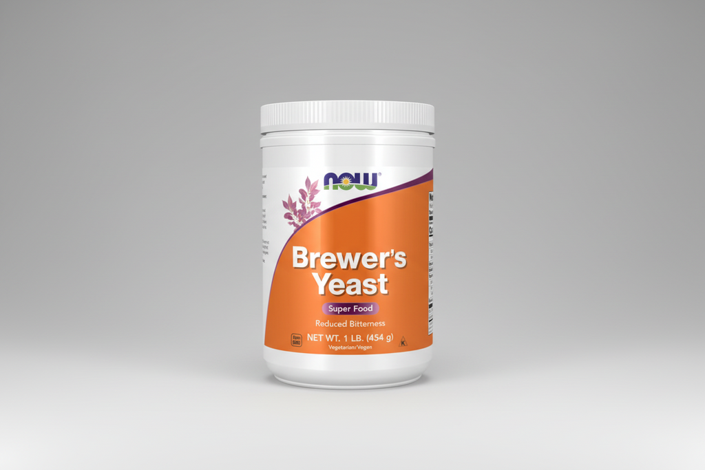Bottle of NOW Brewer's Yeast on a white background