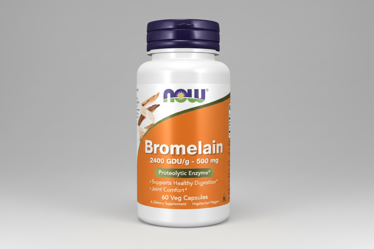 Bottle of NOW Bromelain supplement on a white background