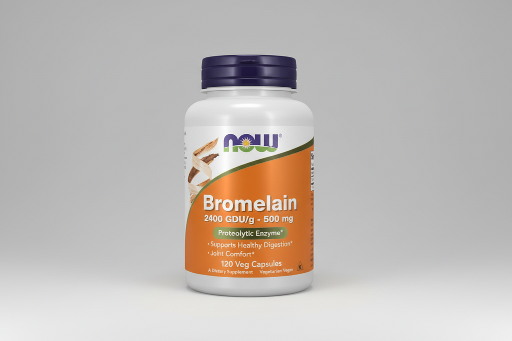 Supplement bottle labeled 'Bromelain' with NOW brand on a white background