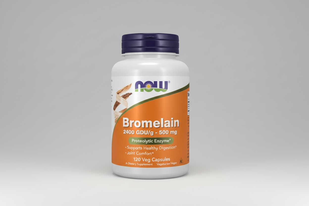 Supplement bottle labeled 'Bromelain' with NOW brand on a white background
