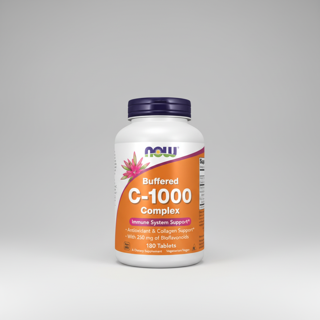 Supplement bottle labeled 'Buffered C-1000 Complex' with NOW brand on a white background