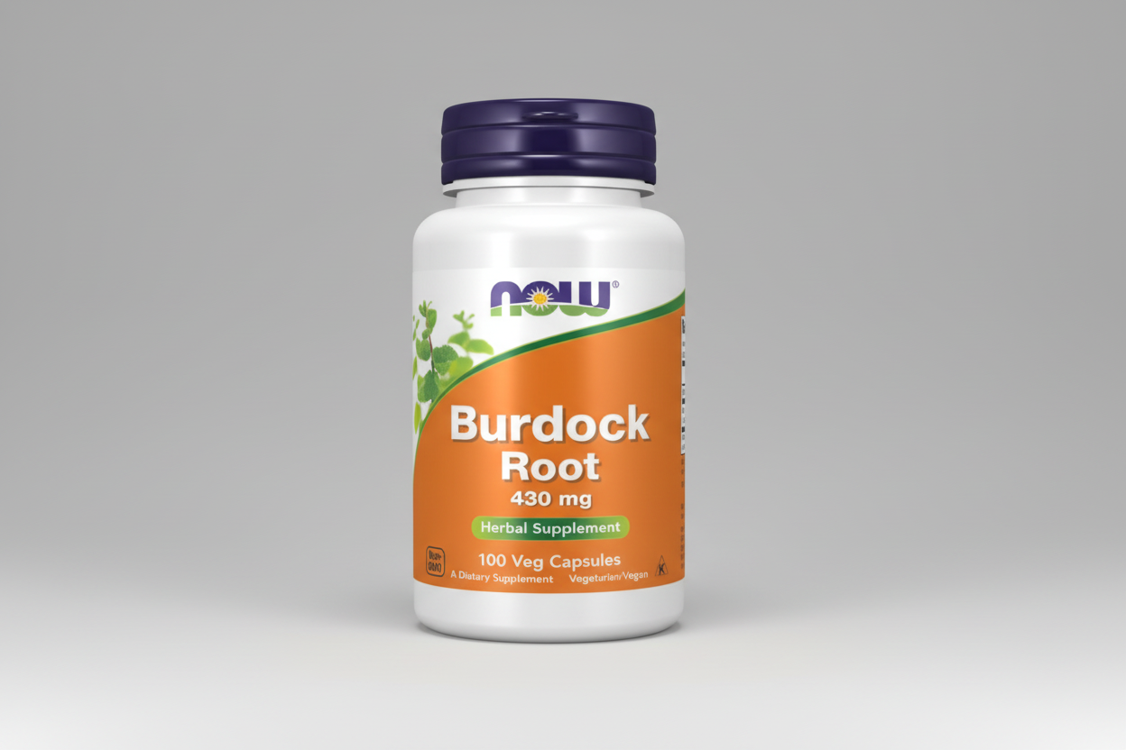 Supplement bottle labeled 'Burdock Root' with Now brand on an orange background