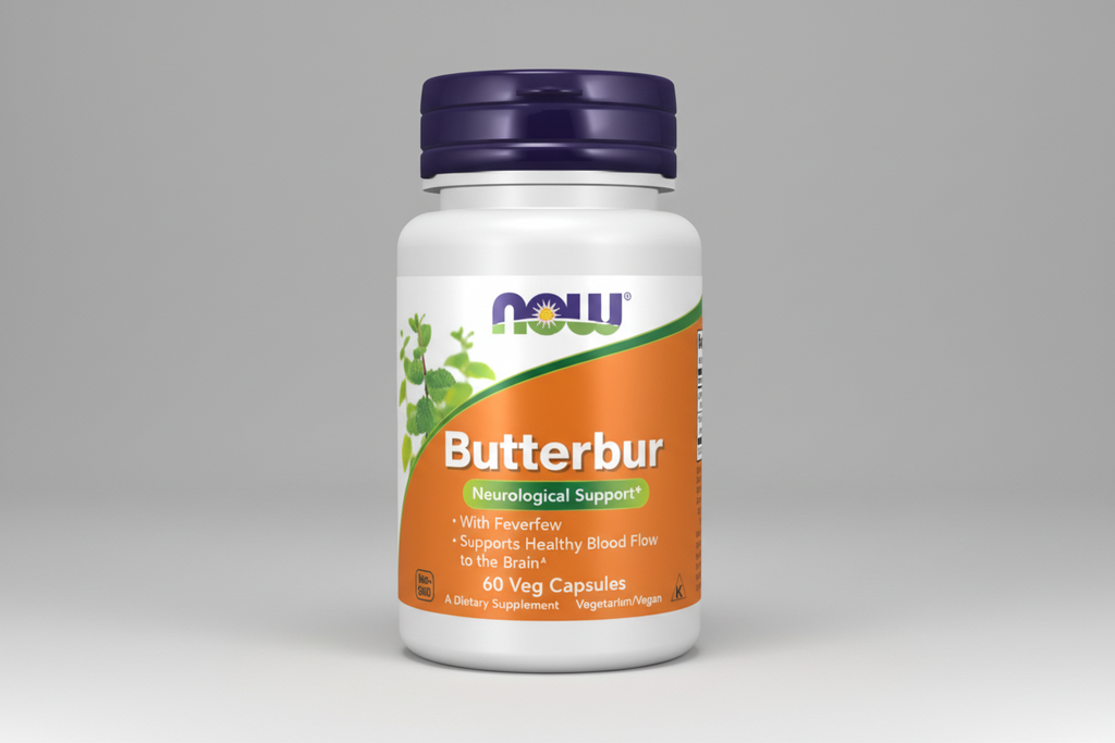 Butterbur supplement bottle with Now brand on a white background