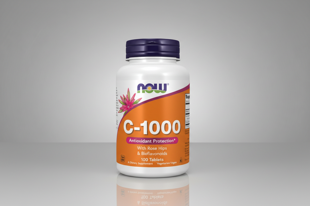 Vitamin C-1000 supplement bottle with NOW brand on a white background