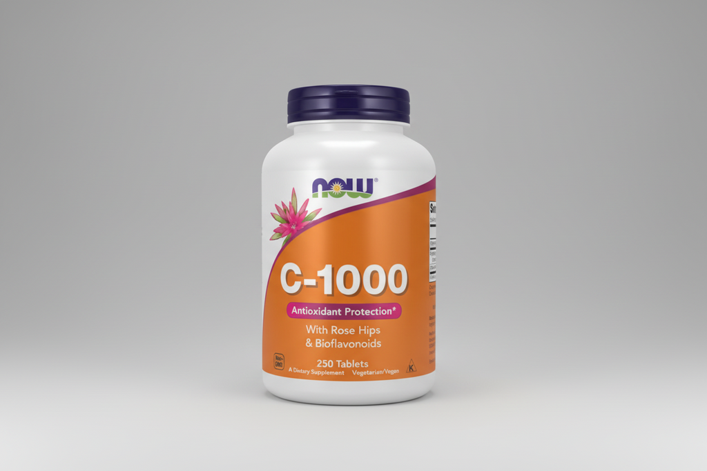 Supplement bottle labeled C-1000 with Now Foods logo on a white background