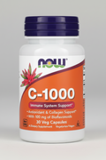 Supplement bottle labeled 'C-1000' with NOW brand on a gray background