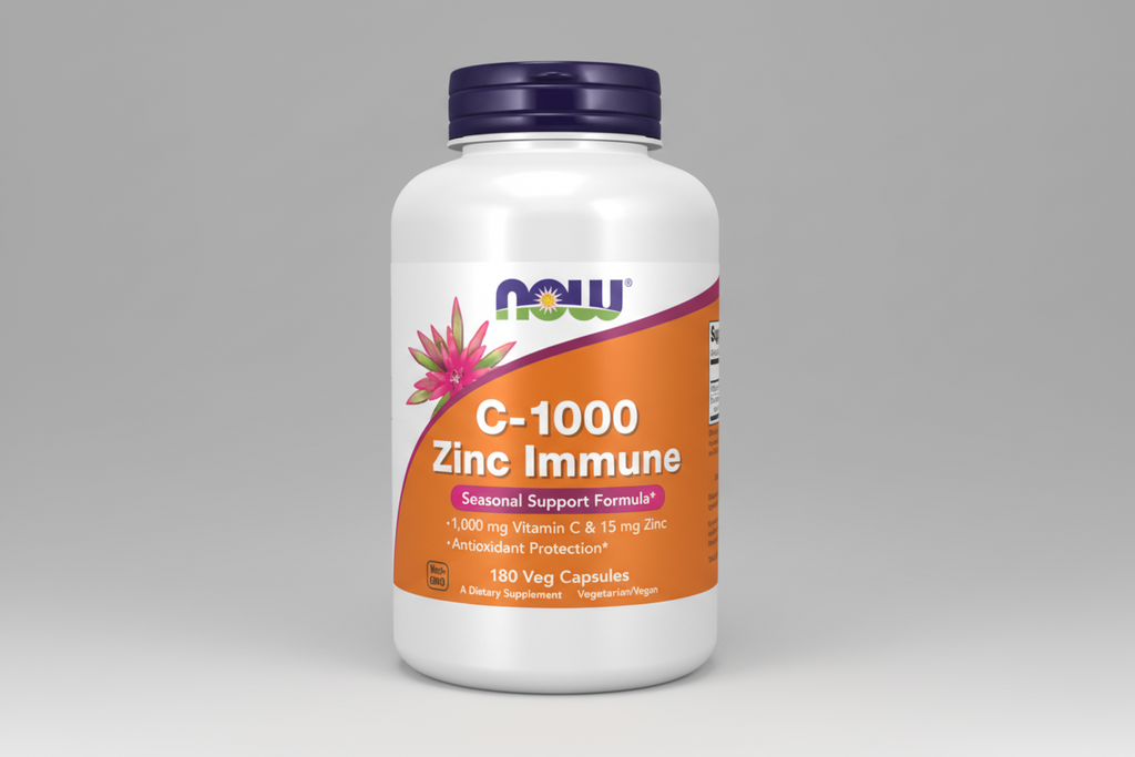 Supplement bottle labeled 'C-1000 Zinc Immune' with Now brand on a white background