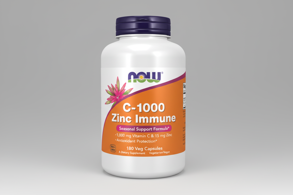 Supplement bottle labeled 'C-1000 Zinc Immune' with Now brand on a white background