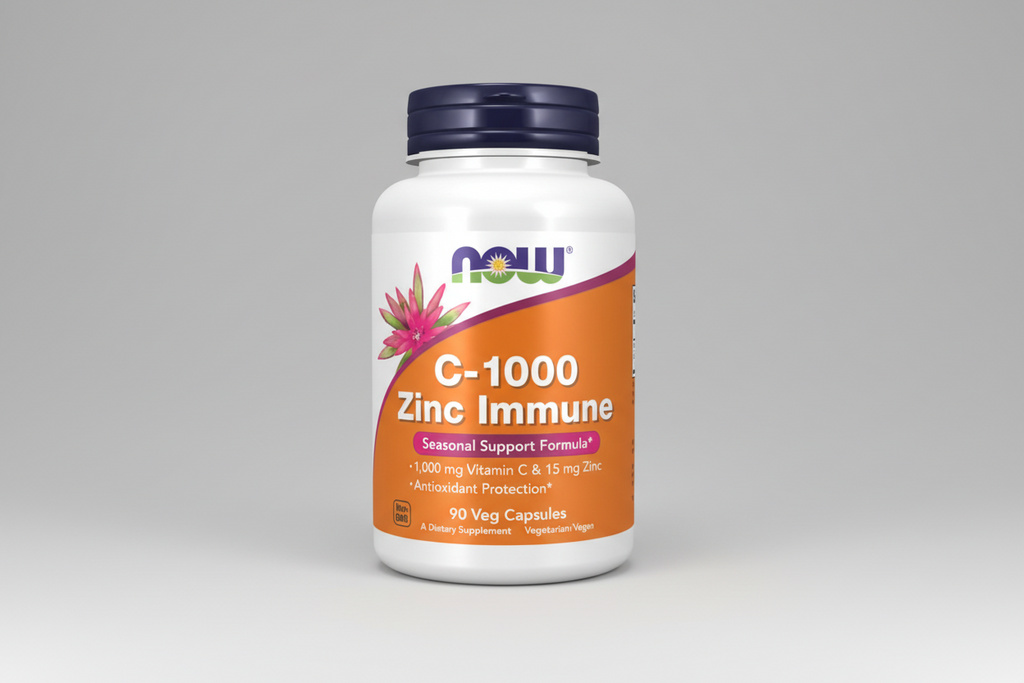 Supplement bottle labeled 'C-1000 Zinc Immune' with NOW brand on a white background
