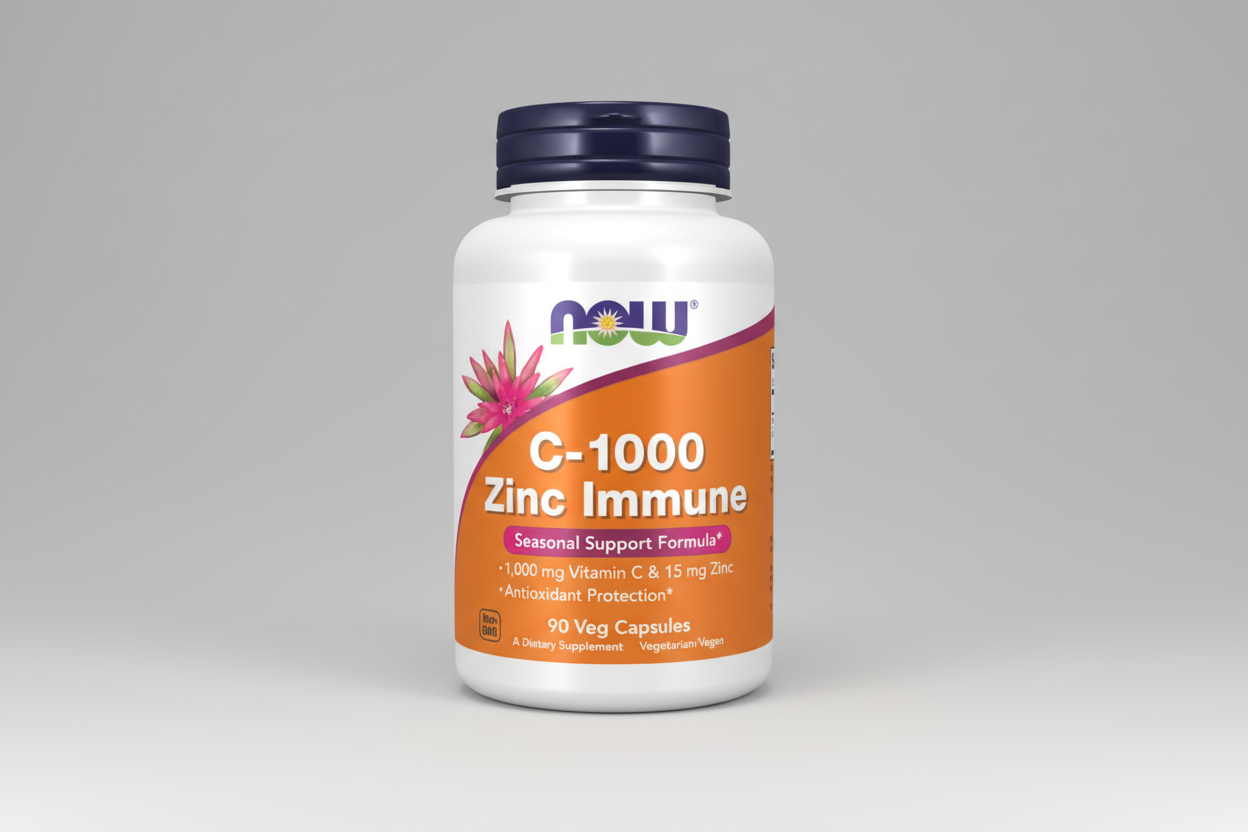 Supplement bottle labeled 'C-1000 Zinc Immune' with NOW brand on a white background