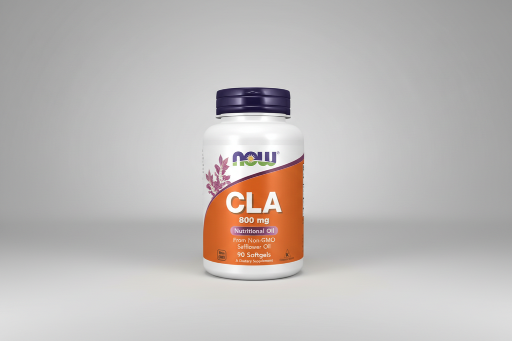Supplement bottle labeled 'CLA 800 mg' by NOW on a white background