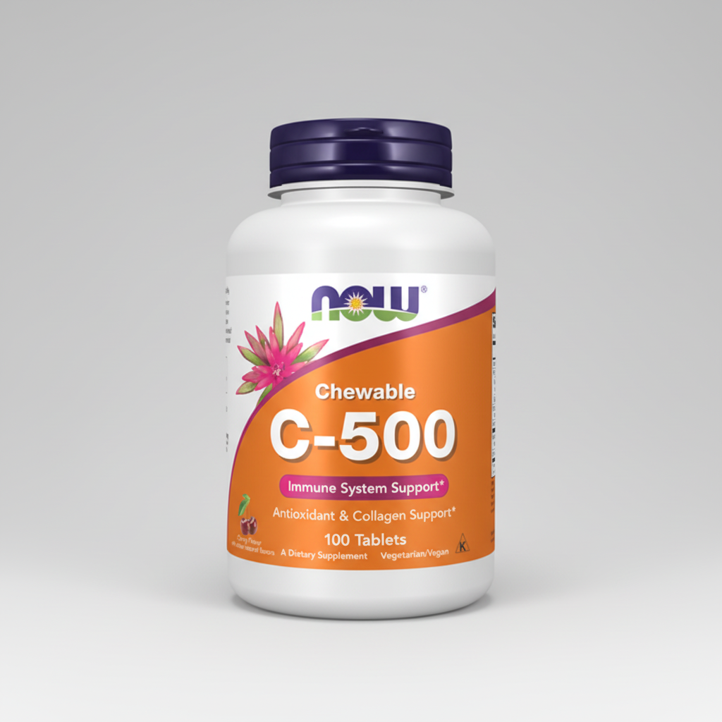 Supplement bottle labeled 'Chewable C-500' with Now brand on a white background