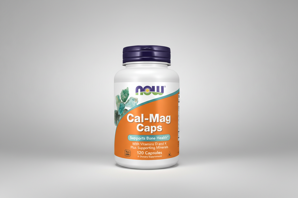 Supplement bottle labeled 'Cal-Mag Caps' by NOW on a white background